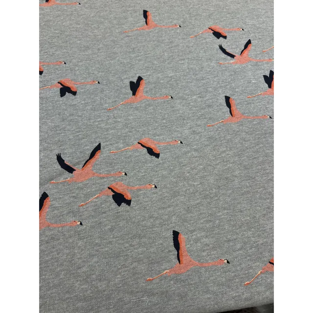 Mönstrad joggingtyg - Flamingos melerad grå botten
