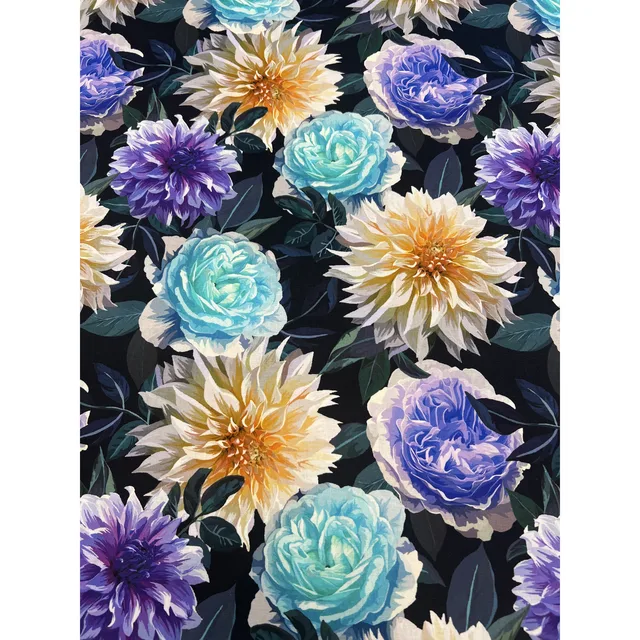 Mönstrat bomullstyg 110cm br. – "dreaming of dahlias"