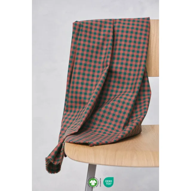 Organic Gingham Cotton – Bottle Green/ Coral Red